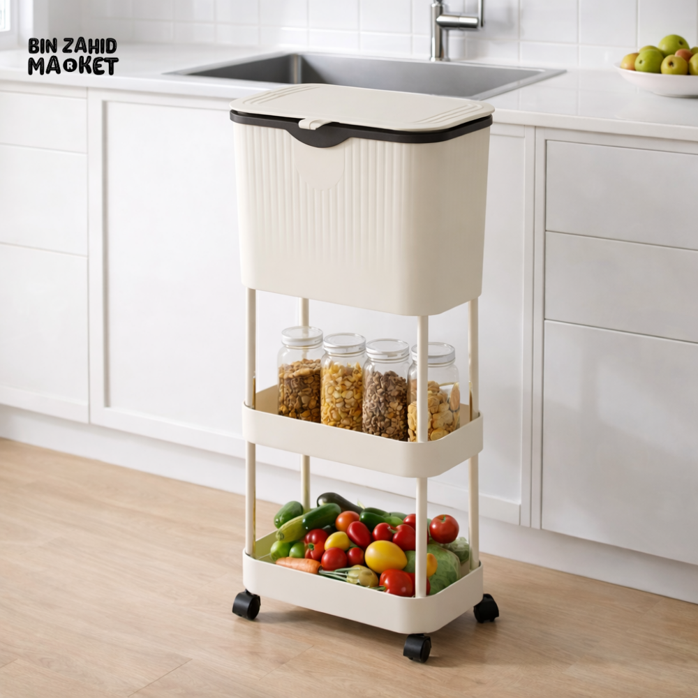 NARROW KITCHEN TRASH CAN WITH STORAGE RACK - MULTIPURPOSE WASTE BIN - CREAM