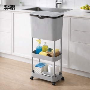 NARROW KITCHEN TRASH CAN WITH STORAGE RACK - MULTIPURPOSE WASTE BIN - GEY