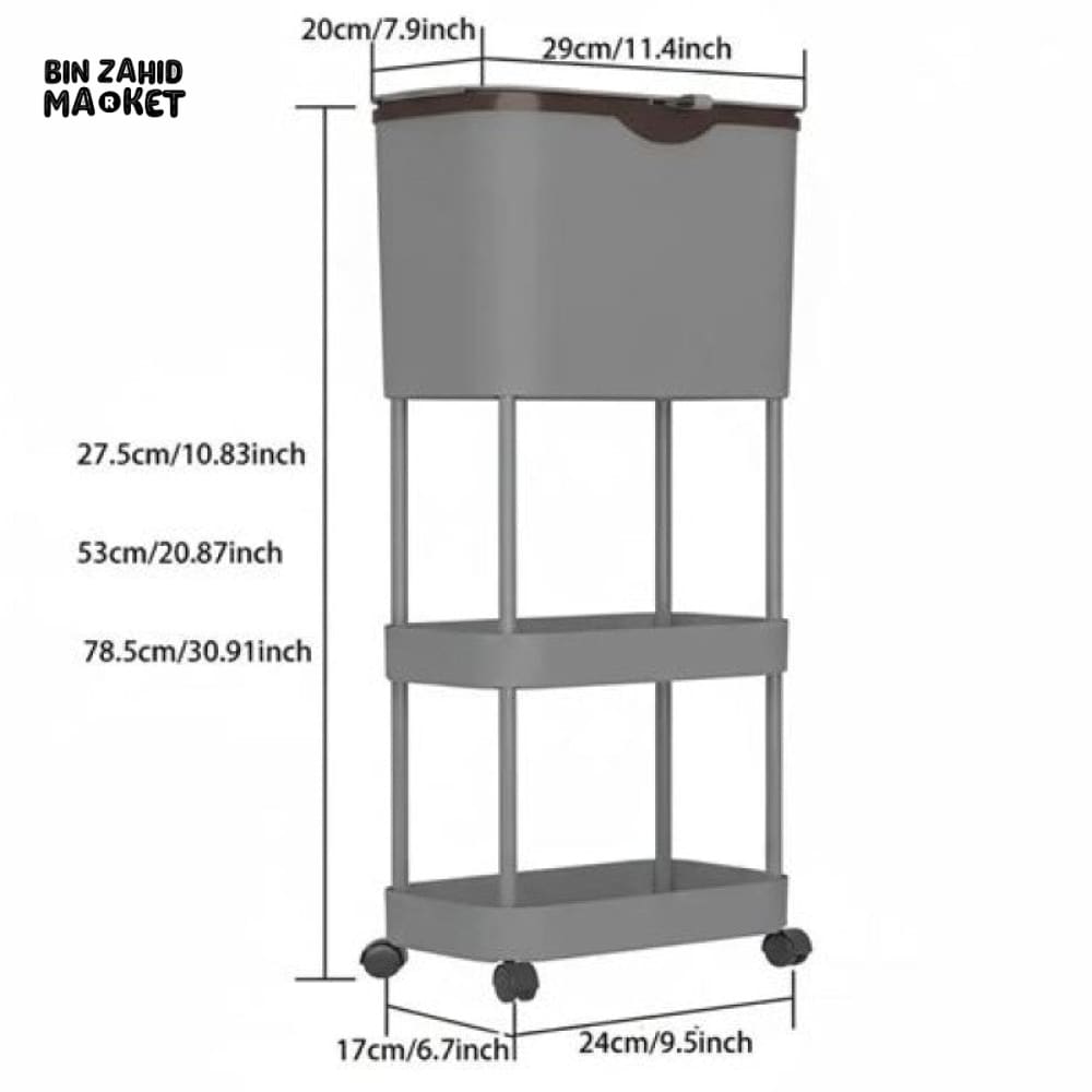 NARROW KITCHEN TRASH CAN WITH STORAGE RACK - MULTIPURPOSE WASTE BIN - GEY