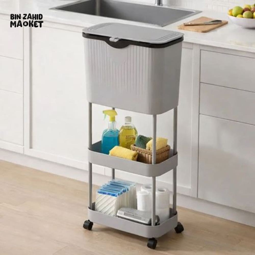 NARROW KITCHEN TRASH CAN WITH STORAGE RACK - MULTIPURPOSE WASTE BIN - GEY