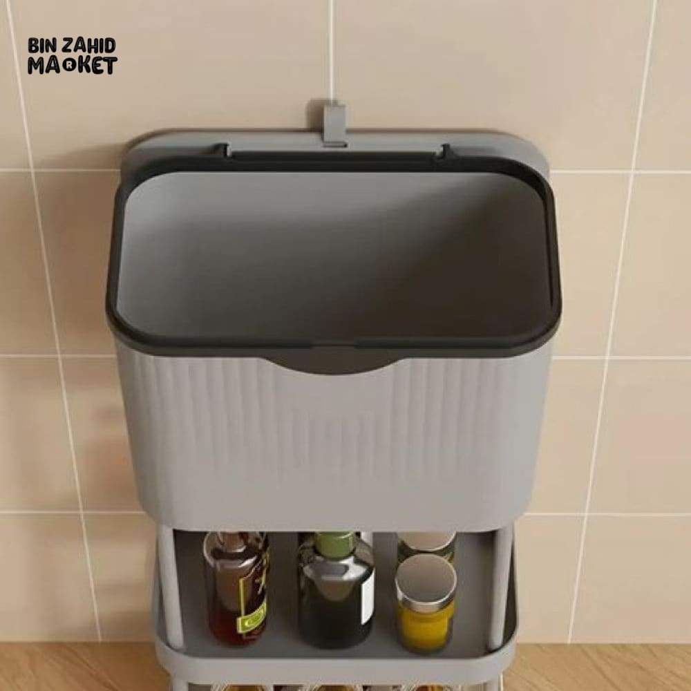 NARROW KITCHEN TRASH CAN WITH STORAGE RACK - MULTIPURPOSE WASTE BIN - GEY