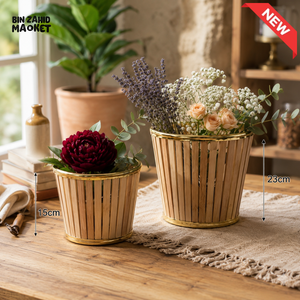 NATURAL BAMBOO FLOWER PLANTER BASKET WITH GOLDEN RIM 1 PIECE - 15/23 CM