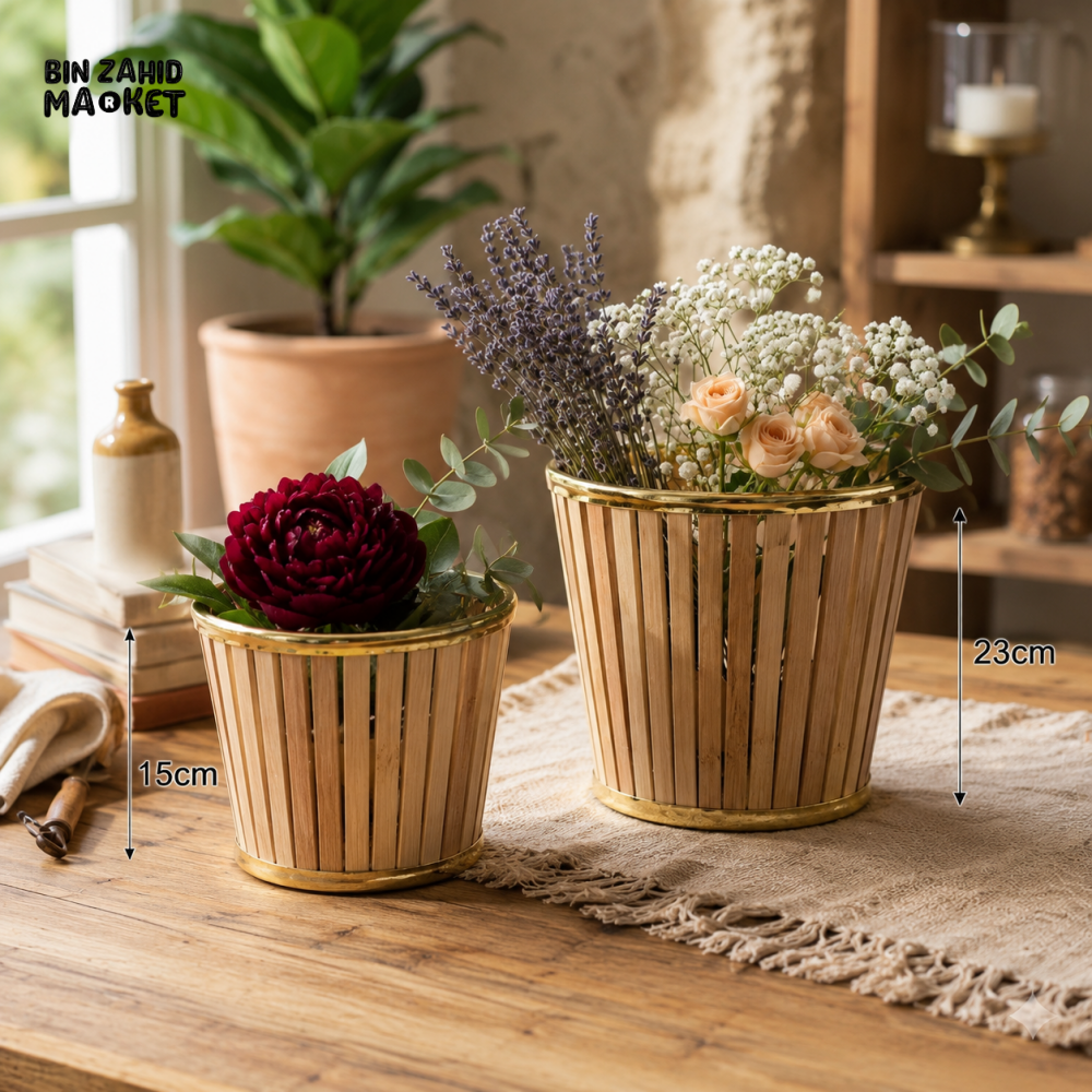 NATURAL BAMBOO FLOWER PLANTER BASKET WITH GOLDEN RIM 1 PIECE - 15/23 CM