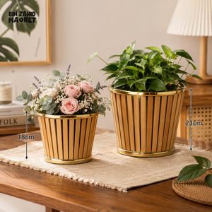 NATURAL BAMBOO FLOWER PLANTER BASKET WITH GOLDEN RIM 1 PIECE - 18/23 CM