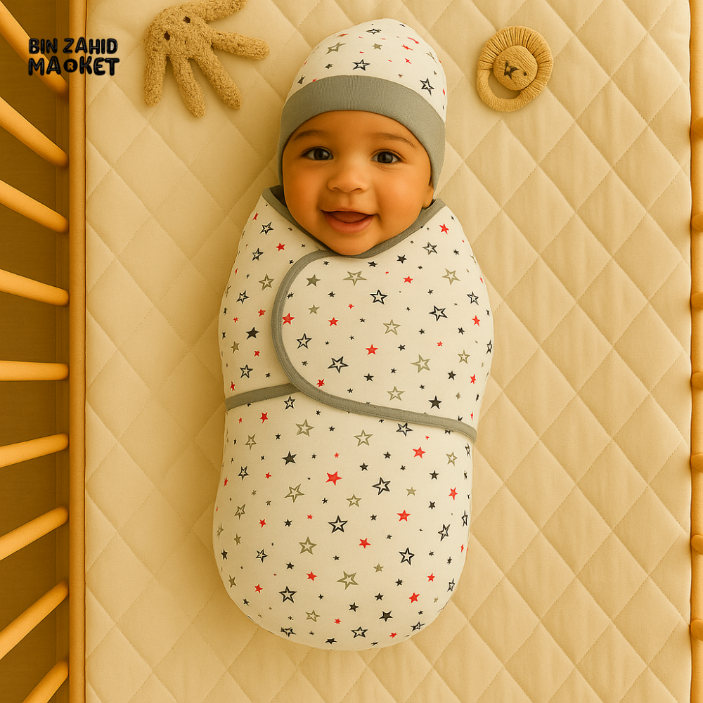 NAUTICAL STAR PRINT BABY SWADDLE SET WITH CAP – SOFT COTTON NEWBORN WRAP