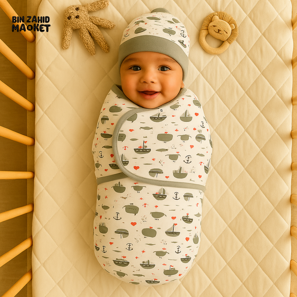 NAUTICAL THEME NEWBORN SWADDLE SET WITH GREY BORDER, CAP & MITTENS – COTTON