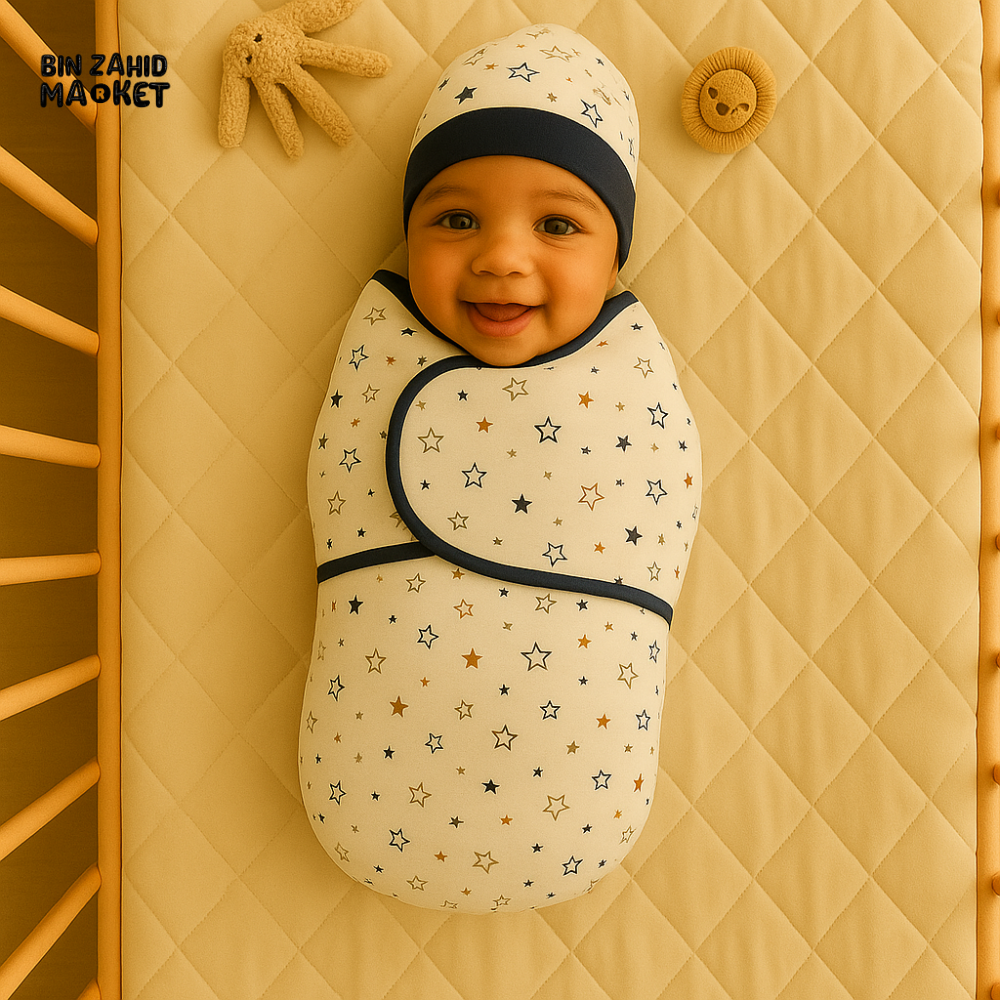 NAVY BORDER STAR PRINT NEWBORN SWADDLE SET WITH CAP & MITTENS – COTTON WRAP FOR BABY