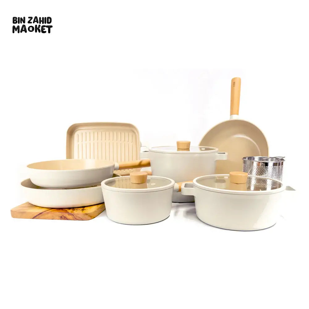 NEOFLAM FIKA 11 PIECE CERAMIC NONSTICK COOKWARE SET INDUCTION READY KOREAN MADE PREMIUM KITCHEN SET - CREAM