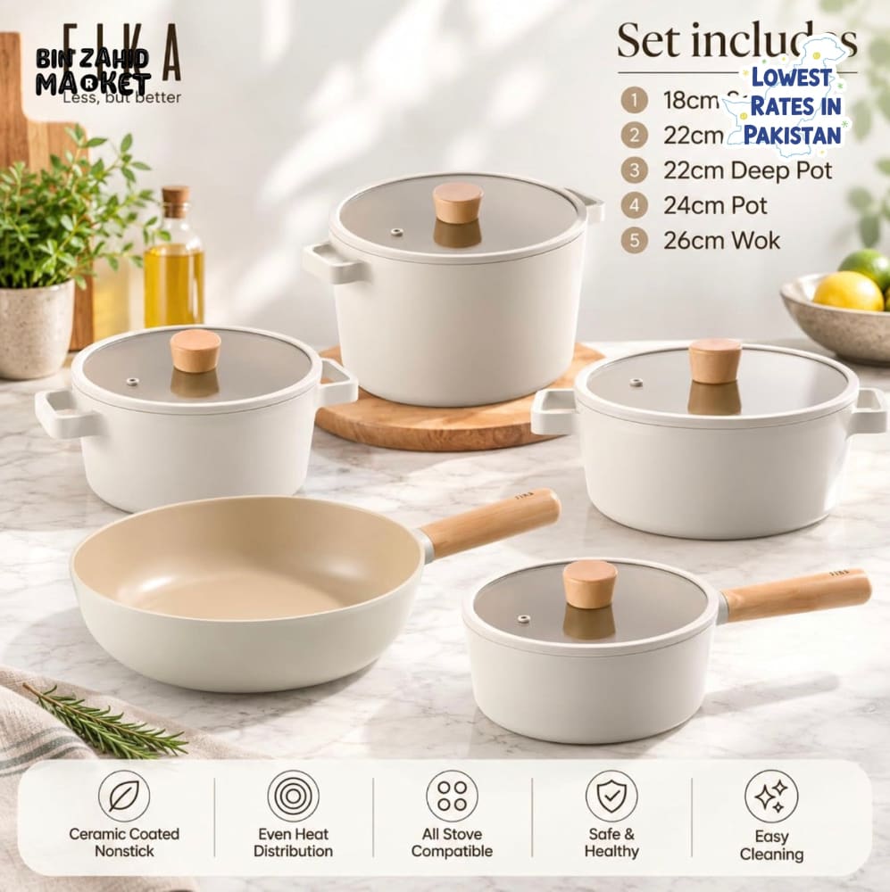 NEOFLAM FIKA 9 PIECE CERAMIC NONSTICK COOKWARE SET INDUCTION READY KOREAN MADE PREMIUM KITCHEN SET - CREAM
