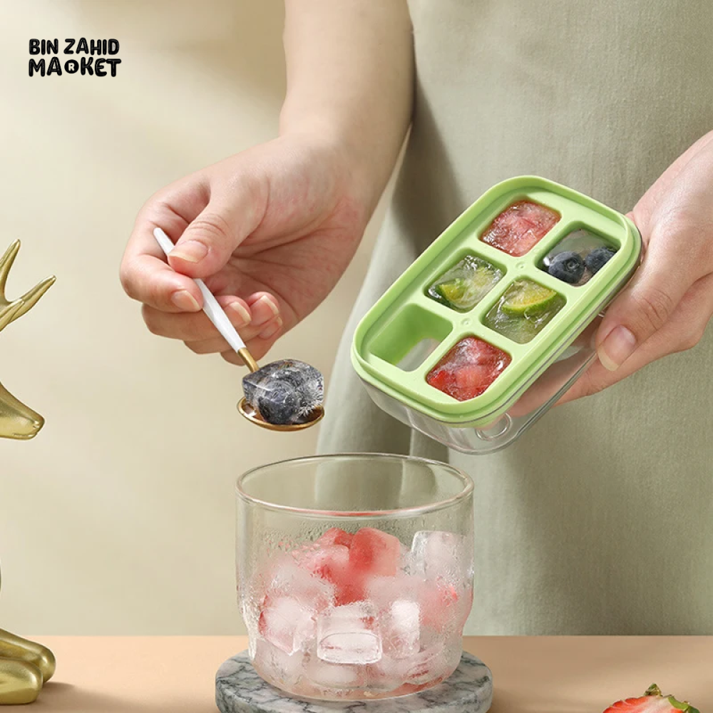 NEW DURABLE PUSH RELEASE MINI ICE CUBE MOULD WITH LID SQUARE SILICONE ICE TRAY FOR HOME AND PARTIES – 6 GRIDS