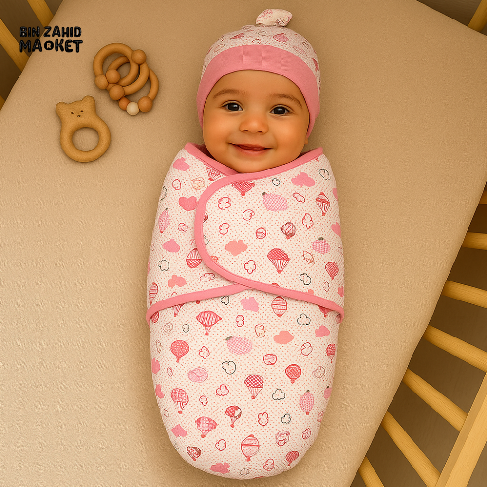NEWBORN BABY SWADDLE SET WITH CAP & MITTENS – PINK HOT AIR BALLOON & CLOUD PRINT COTTON WRAP