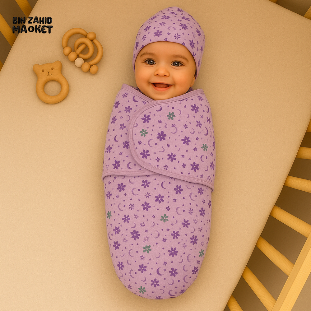 NEWBORN BABY SWADDLE WRAP SET WITH CAP & MITTENS – PURPLE FLORAL PRINT COTTON COMFORT