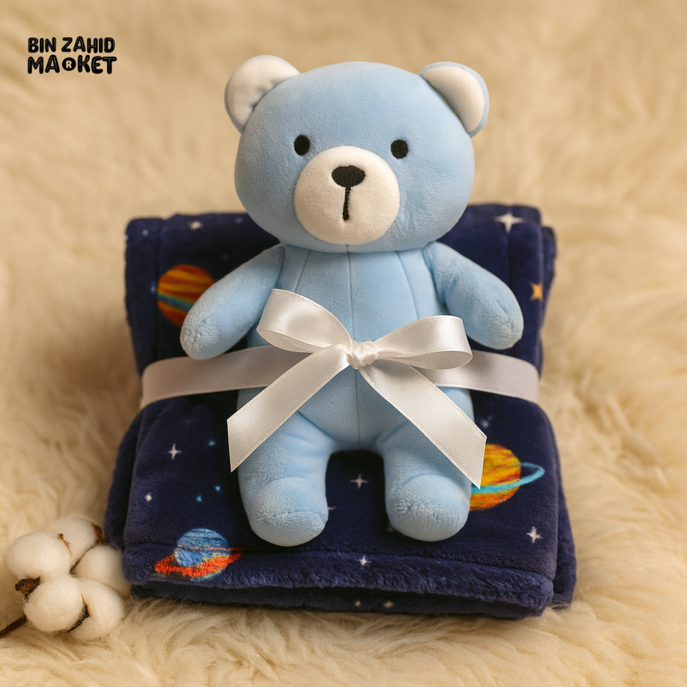NEWBORN & INFANT BLANKET WITH TOY – SINGLE PLY SKIN-FRIENDLY 3M+ - BLUE BEAR