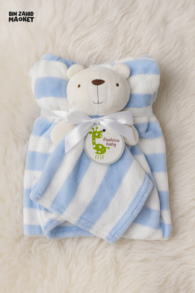 NEWBORN & INFANT BLANKET WITH TOY – SINGLE PLY SKIN-FRIENDLY 3M+ - BLUE & WHITE BEAR