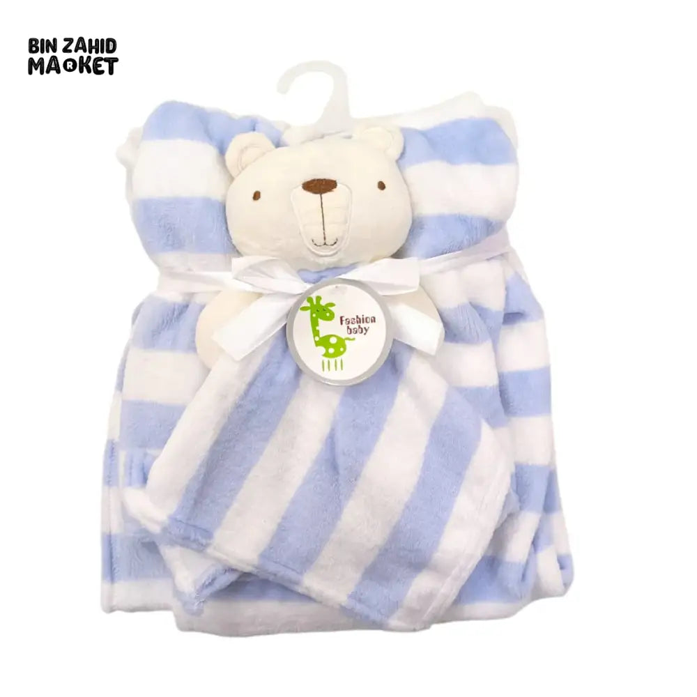 NEWBORN & INFANT BLANKET WITH TOY – SINGLE PLY SKIN-FRIENDLY 3M+ - BLUE & WHITE BEAR