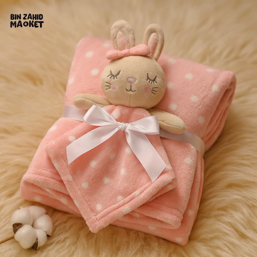 NEWBORN & INFANT BLANKET WITH TOY – SINGLE PLY SKIN-FRIENDLY 3M+ - PINK DOLL