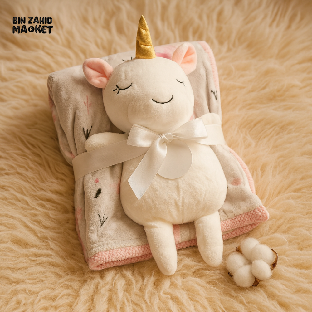 NEWBORN & INFANT BLANKET WITH TOY – SINGLE PLY SKIN-FRIENDLY 3M+ - UNICORN
