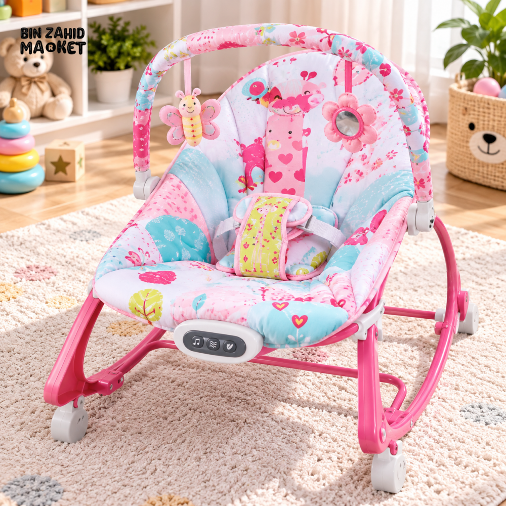 NEWBORN TO TODDLER BABY ROCKER WITH TOY BAR & SAFETY HARNESS