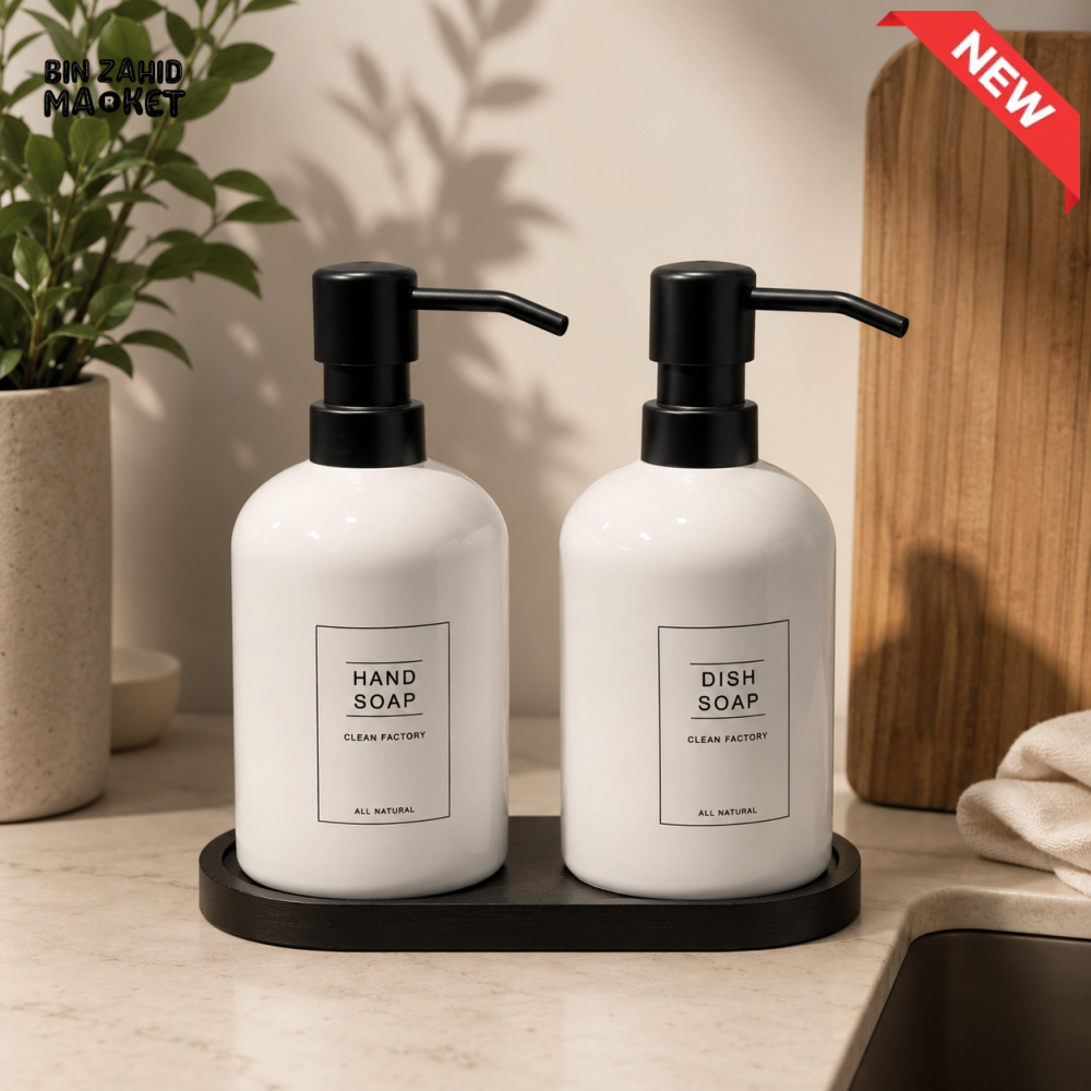 NORDIC CERAMIC SOAP DISPENSER DUO WITH WOODEN TRAY