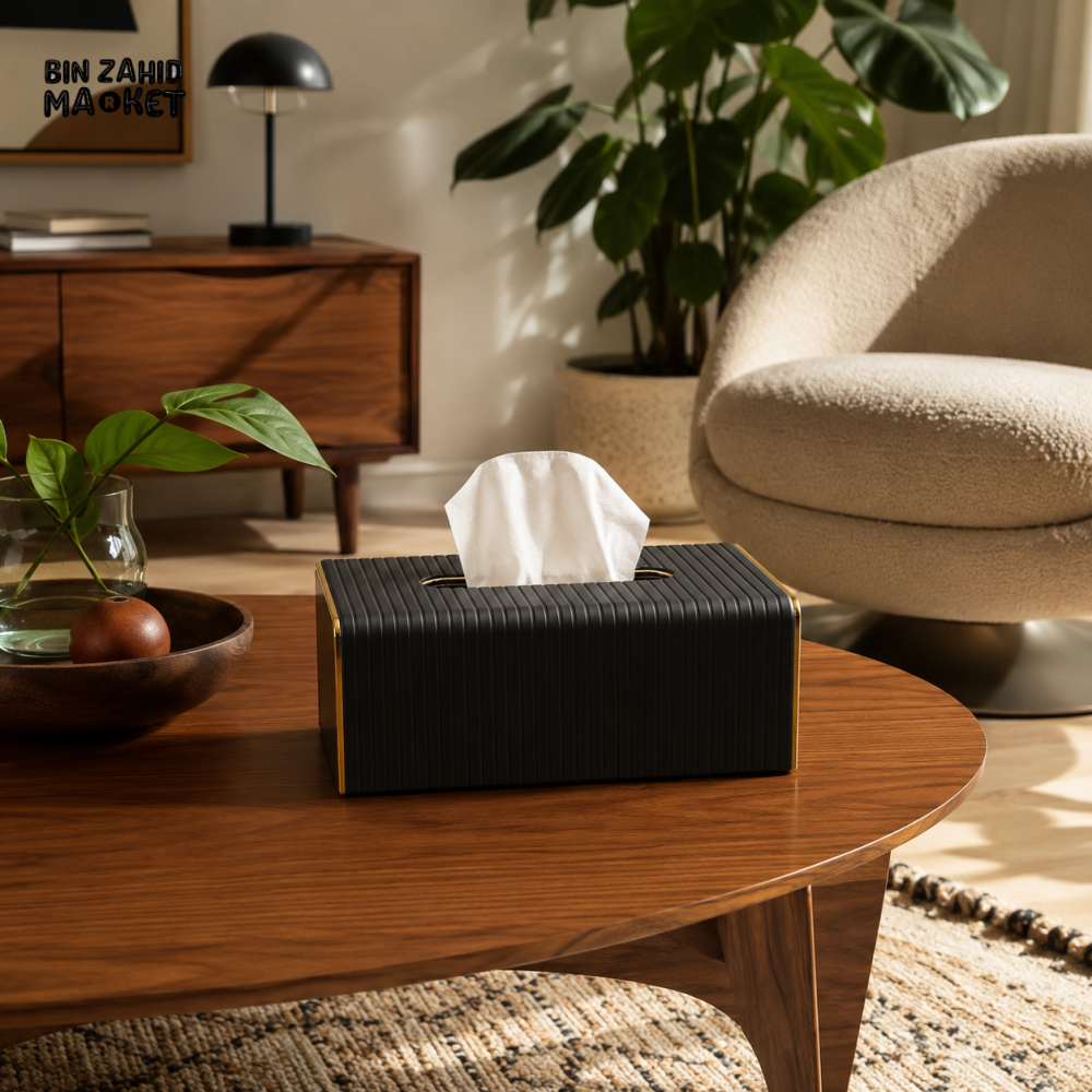 NORDIC WOOD & LEATHER TISSUE BOX COVER - BLACK