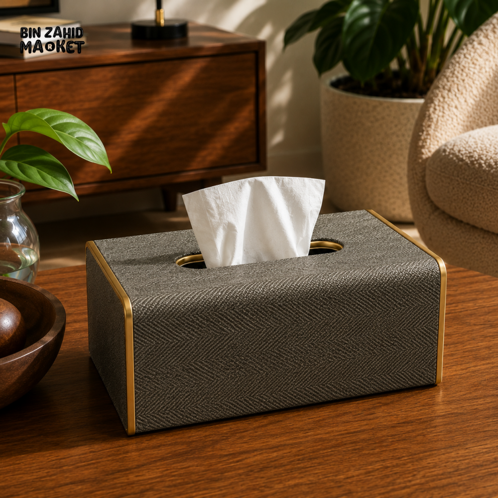 NORDIC WOOD & LEATHER TISSUE BOX COVER - GREY