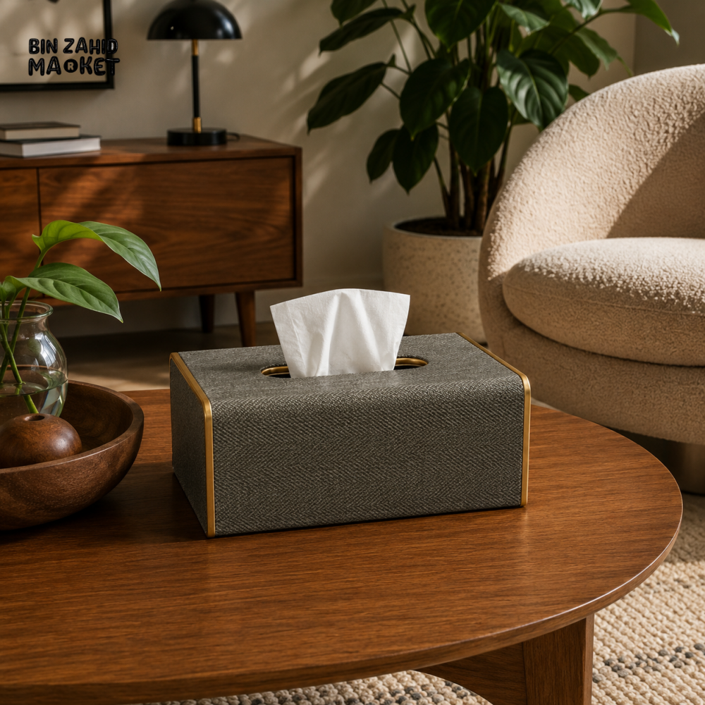 NORDIC WOOD & LEATHER TISSUE BOX COVER - GREY