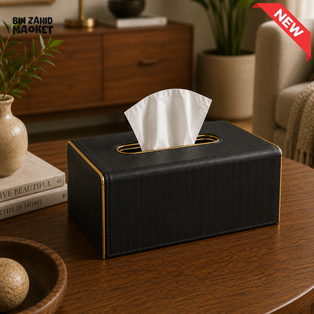 NORDIC WOOD & LEATHER TISSUE BOX COVER - MIDNIGHT BLACK