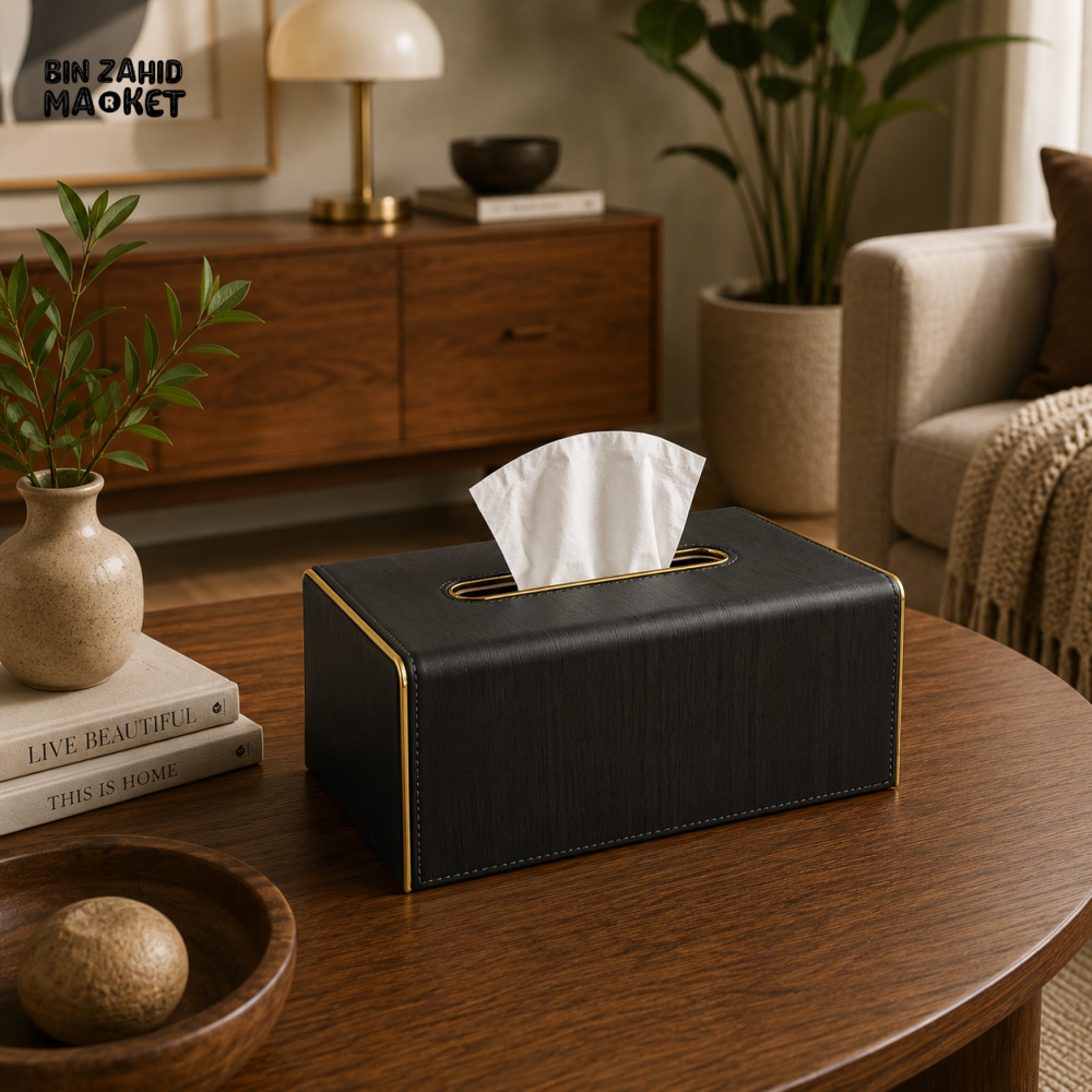 NORDIC WOOD & LEATHER TISSUE BOX COVER - MIDNIGHT BLACK