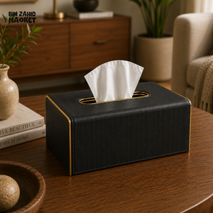 NORDIC WOOD & LEATHER TISSUE BOX COVER - MIDNIGHT BLACK