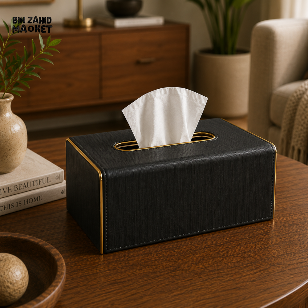 NORDIC WOOD & LEATHER TISSUE BOX COVER - MIDNIGHT BLACK
