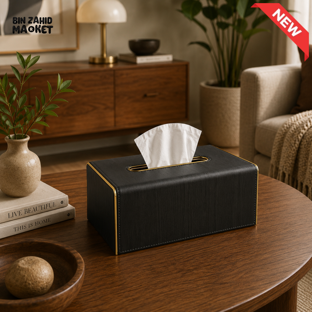 NORDIC WOOD & LEATHER TISSUE BOX COVER - MIDNIGHT BLACK