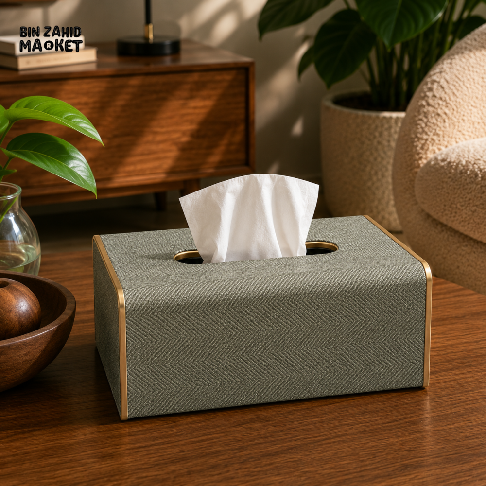 NORDIC WOOD & LEATHER TISSUE BOX COVER - SAGE GREEN