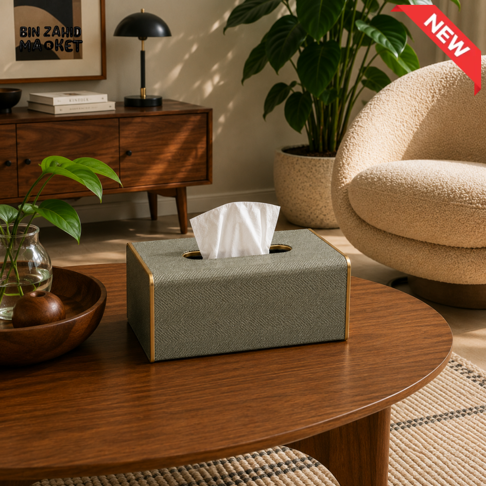 NORDIC WOOD & LEATHER TISSUE BOX COVER - SAGE GREEN