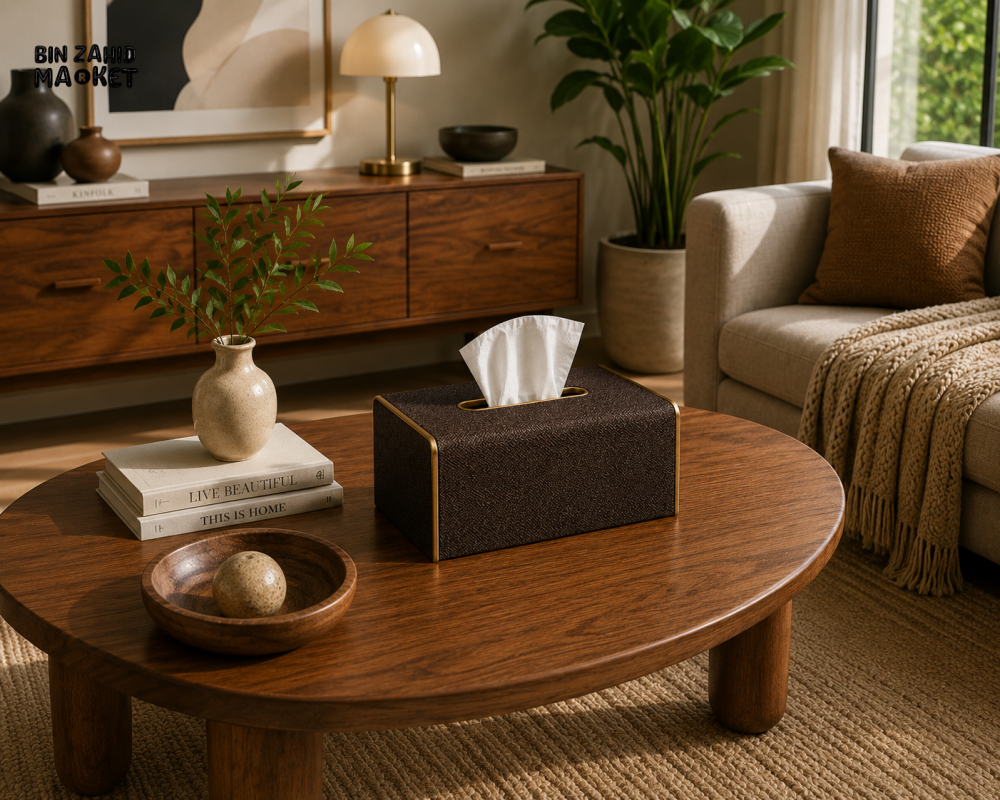 NORDIC WOOD & LEATHER TISSUE BOX COVER - DARK COCOA