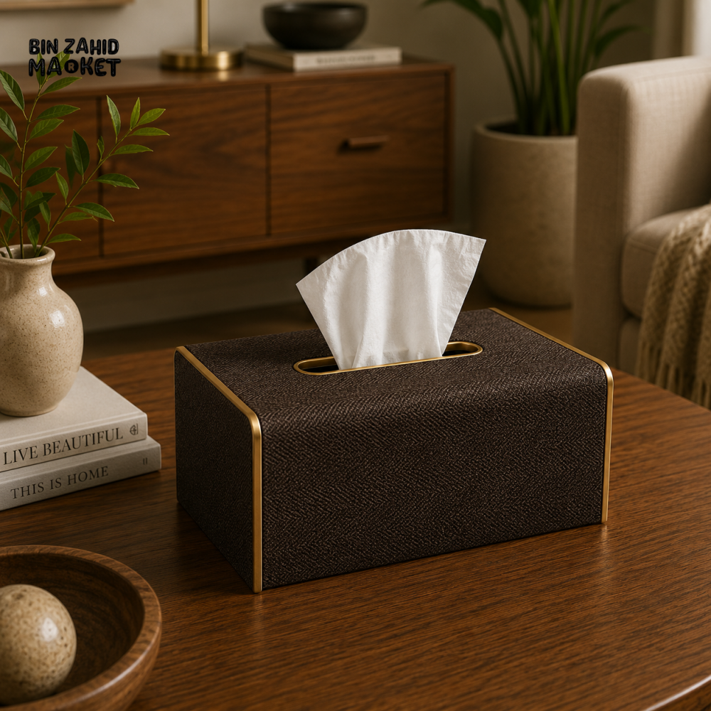 NORDIC WOOD & LEATHER TISSUE BOX COVER - DARK COCOA