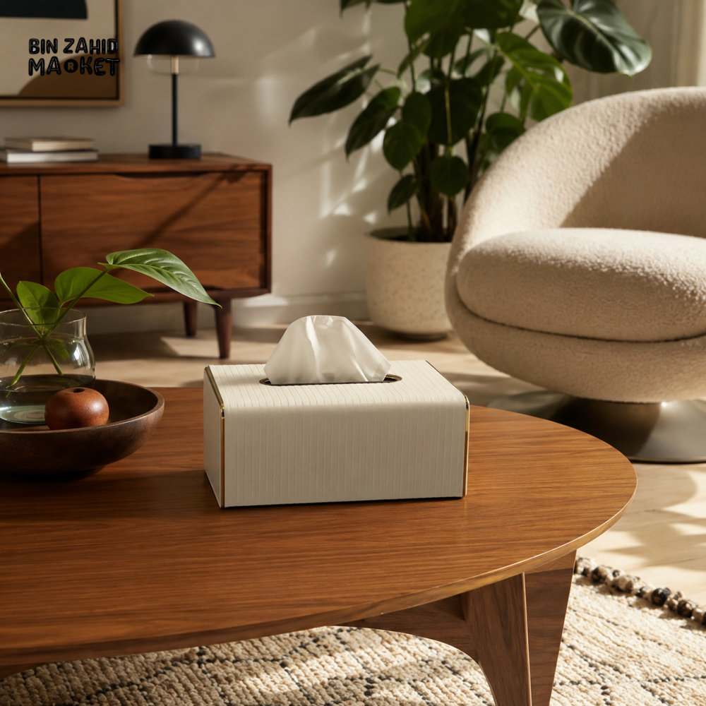NORDIC WOOD & LEATHER TISSUE BOX COVER - WHITE