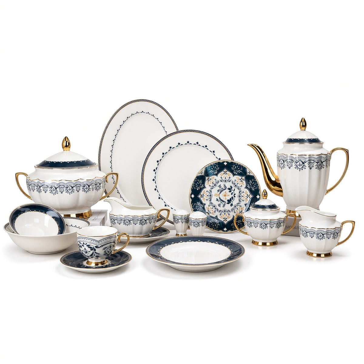 Johnson Bros Inspired Navy Gold Patterns Bone China Dinner Set