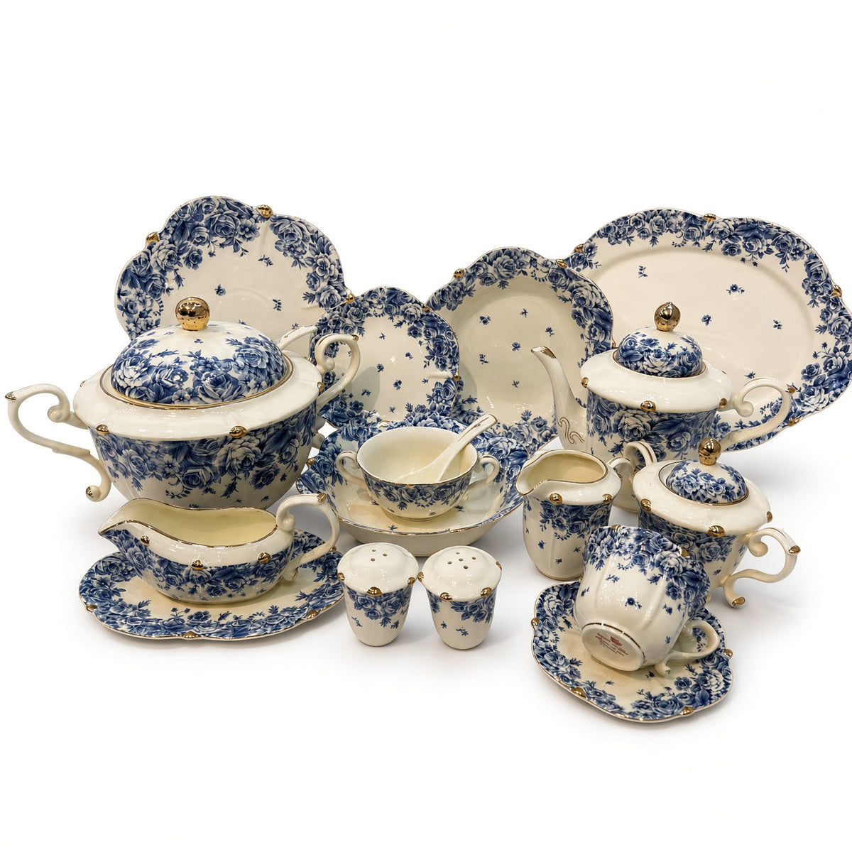 Royal Albert Inspired Blue Floral Patterns 75 Pieces 8 Persons Serving Bone China Dinner Set