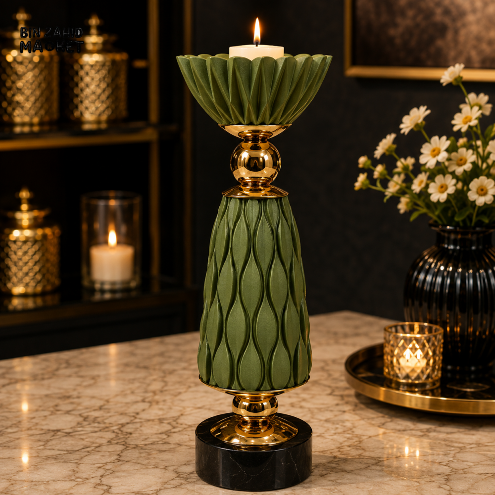 OLIVE GREEN AND GOLD LUXURY DECORATIVE CANDLE HOLDER
