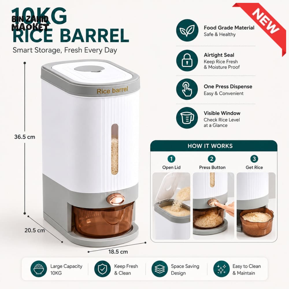 ONE-PRESS RICE STORAGE DISPENSER - 10 KG