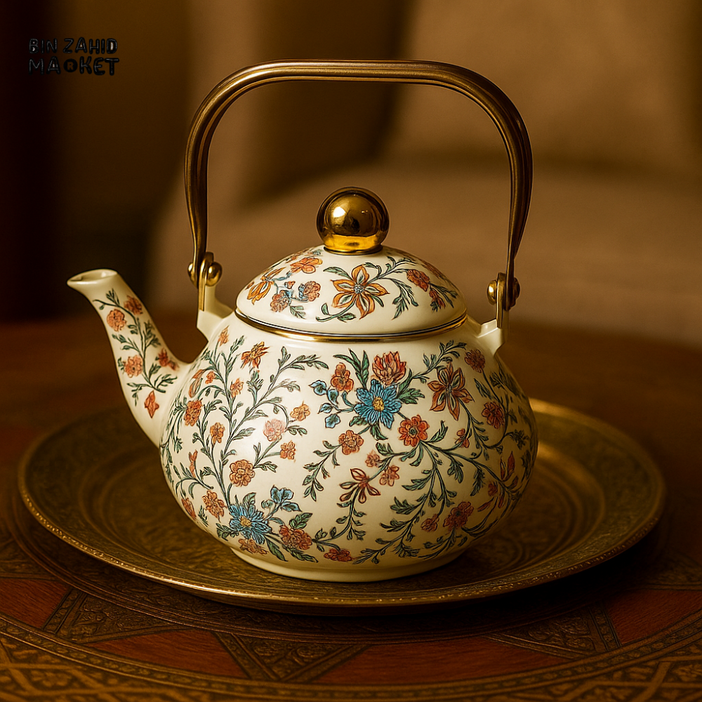 ORIENTAL FLORAL PORCELAIN TEAPOT – GOLD HANDLE LUX FINISH - 2.5 LITRE