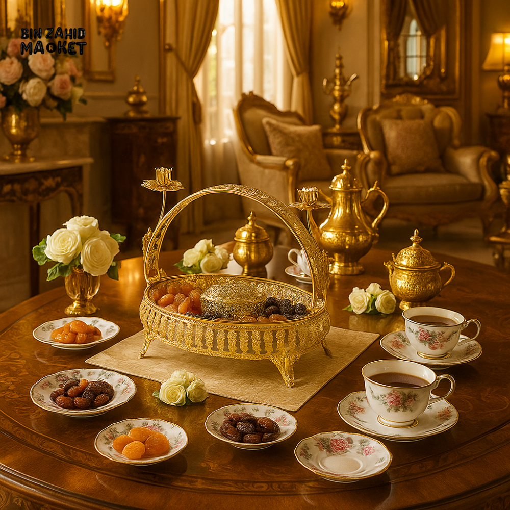ORNATE GOLD DECORATIVE BASKET WITH LOTUS CANDLE HOLDERS – LUXURY TABLETOP CENTERPIECE FOR VILLA INTERIORS