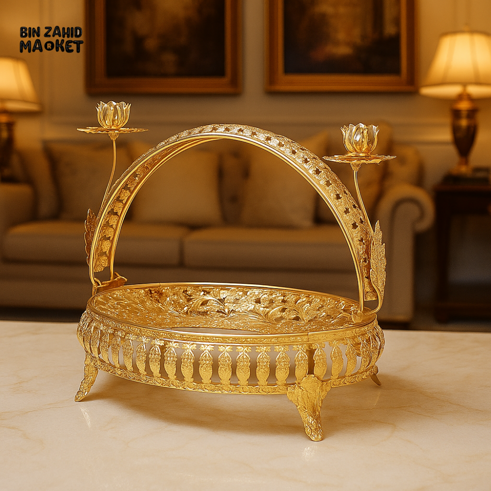 ORNATE GOLD DECORATIVE BASKET WITH LOTUS CANDLE HOLDERS – LUXURY TABLETOP CENTERPIECE FOR VILLA INTERIORS