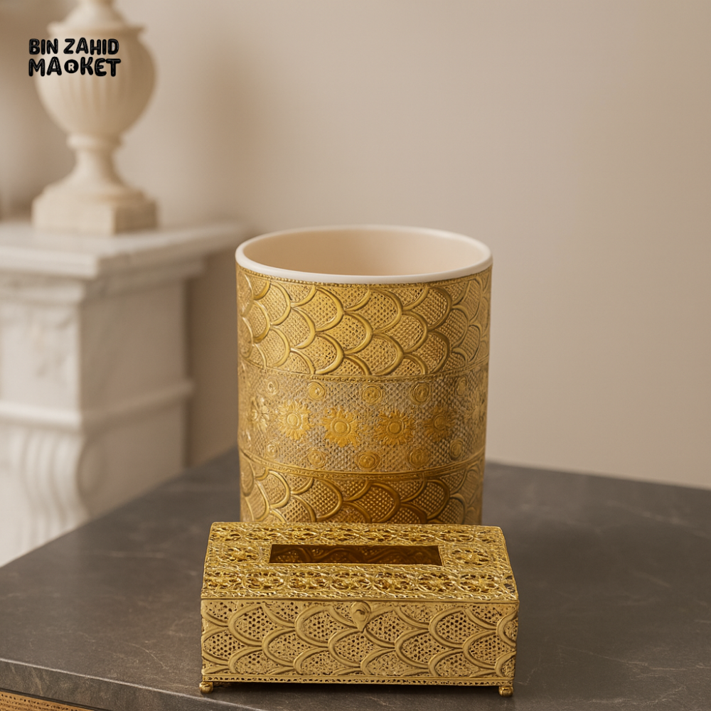 ORNATE GOLD TISSUE BOX & DUSTBIN – LUXURY HOME DECOR