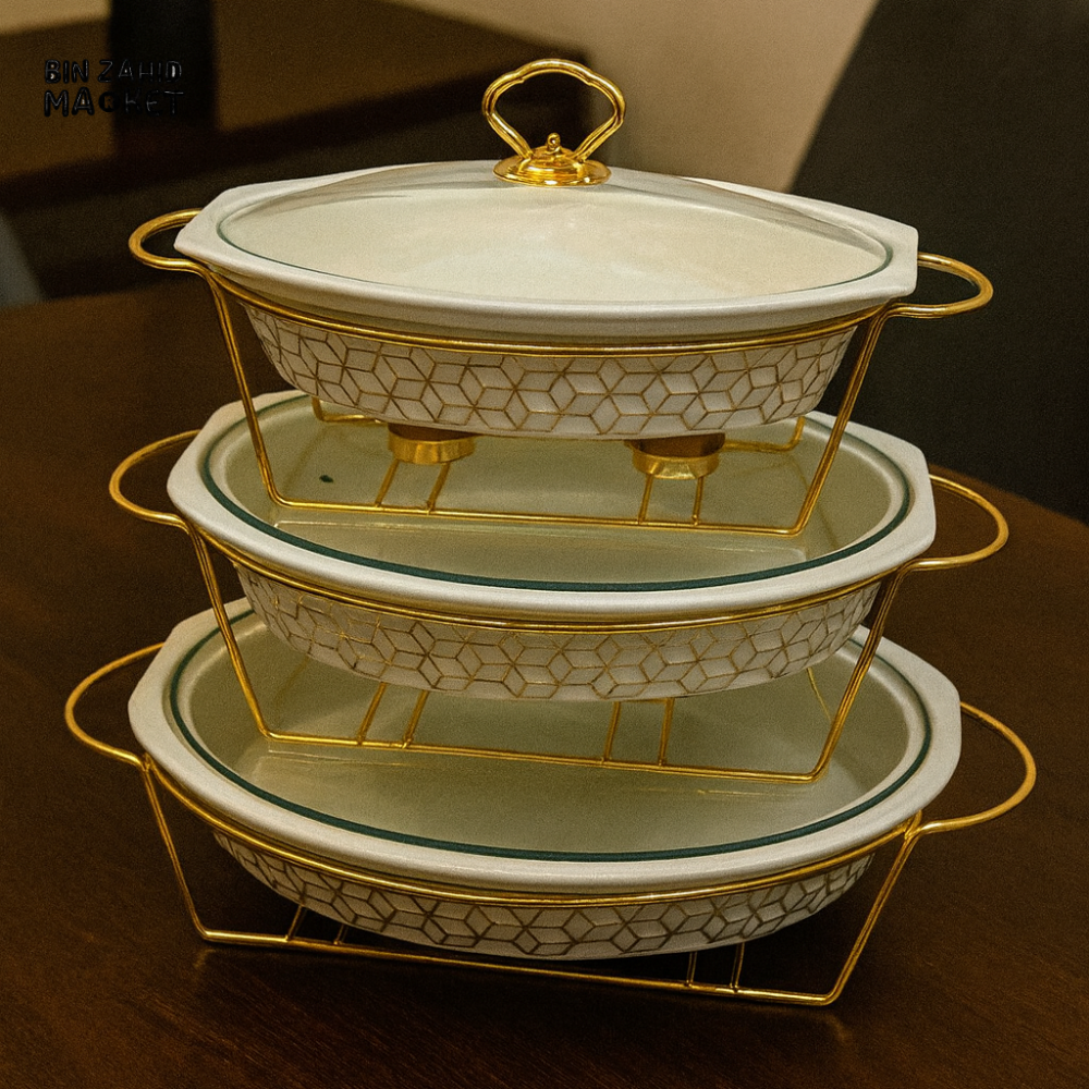 OVAL CERAMIC SERVING DISH SET WITH GLASS LIDS & GOLD STAND