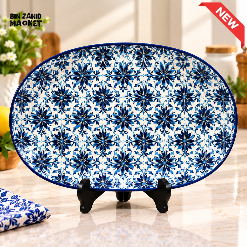 OVAL CERAMIC SERVING PLATTER WITH BLUE FLORAL DESIGN - Platters
