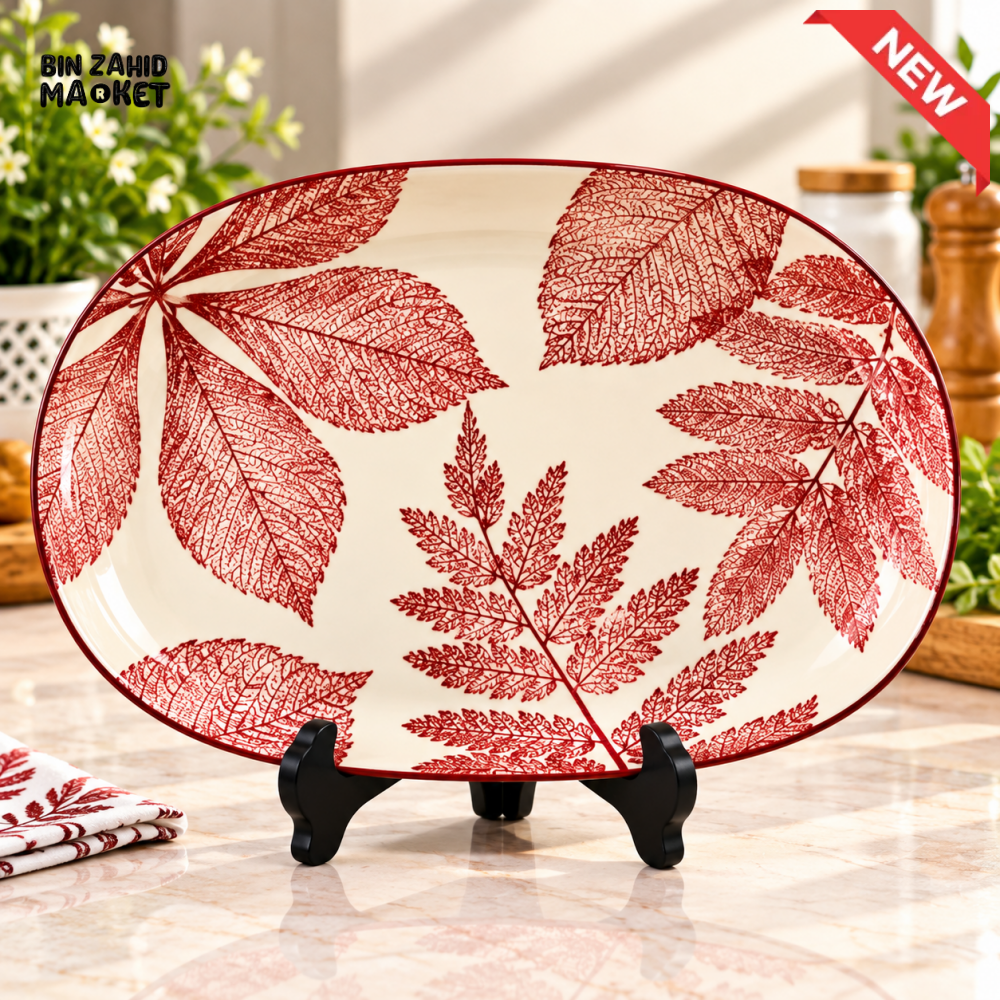 OVAL CERAMIC SERVING PLATTER WITH RED BOTANICAL LEAF DESIGN - Platters