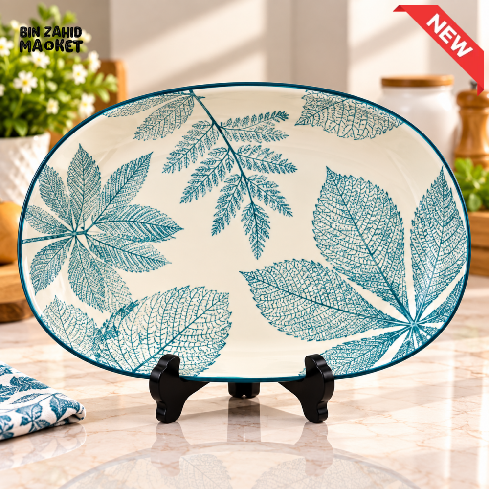 OVAL CERAMIC SERVING PLATTER WITH TEAL BOTANICAL LEAF DESIGN - Platters