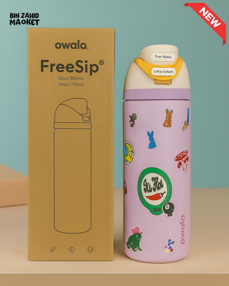 OWALA FREESIP 24OZ WATER BOTTLE - PASTLE PURPLE FUN STICKERS