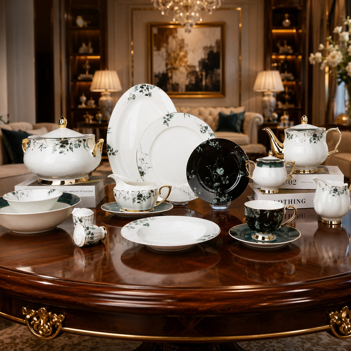 Johnson Bros Inspired Green Black Floral Patterns & Gold Trims Bone China Dinner Set